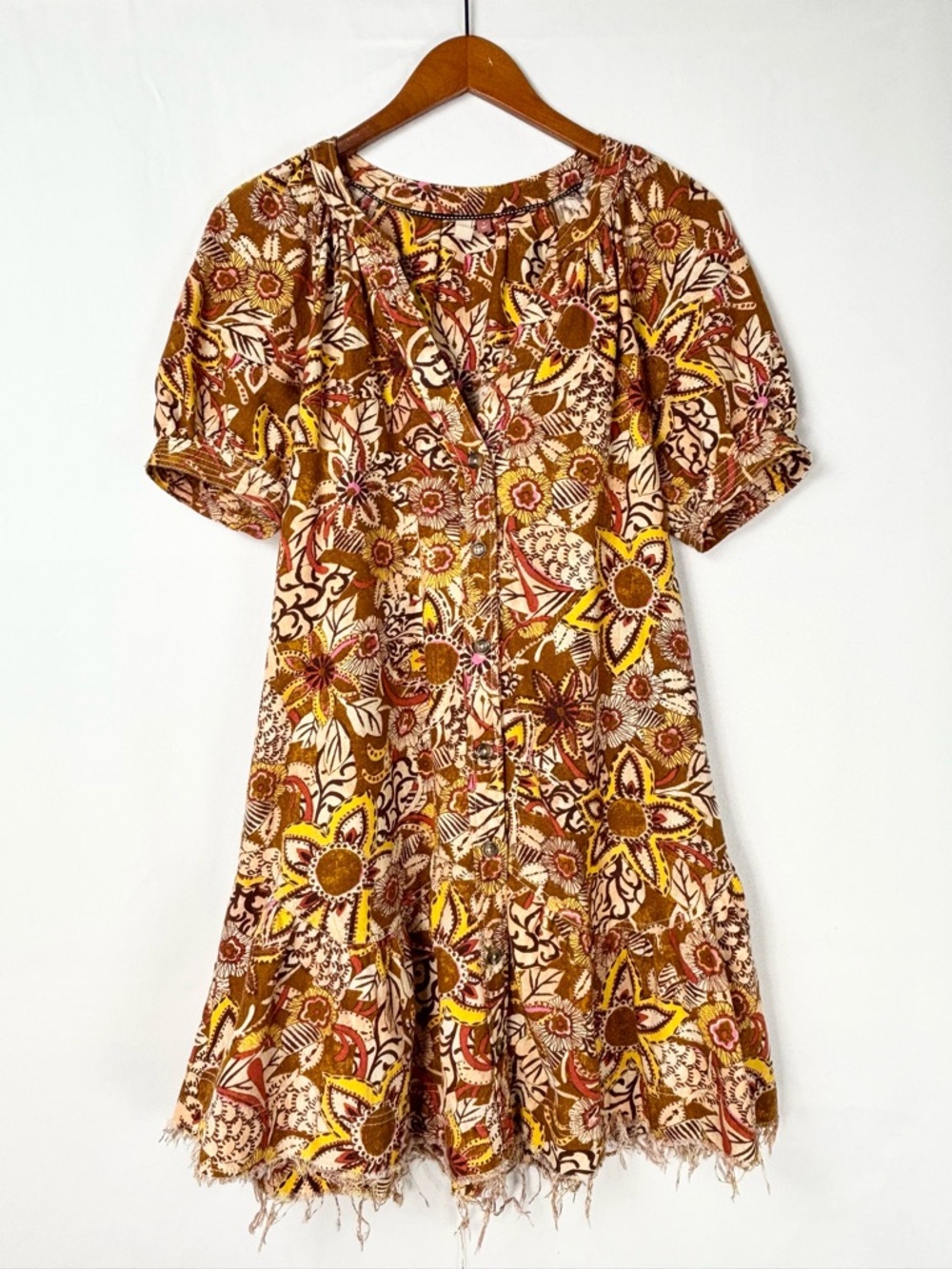 Anthropologie Pilcro Puffed Sleeve Floral Tapestry Dress Size S Mini Brown